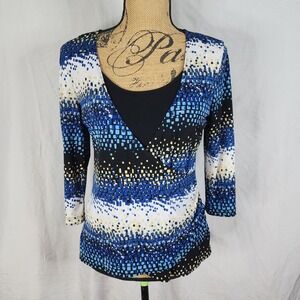 Vtg AB STUDIO Size‎ Med Faux Wrap Layered Jersey Stretch Business Casual Blouse